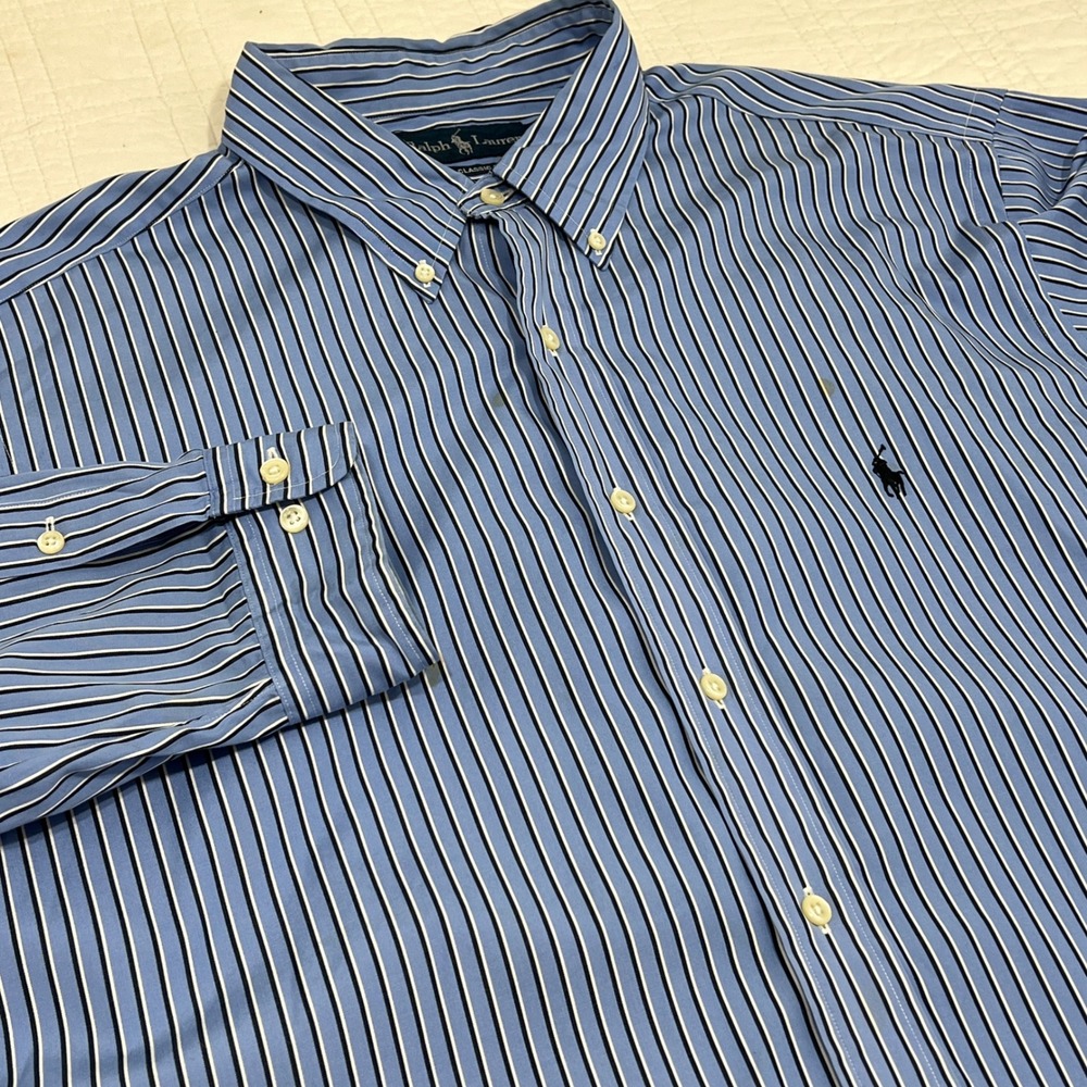 Ralph Lauren Mens 18 34/35 Classic Fit Striped Cotton Button Down Shirt Blue